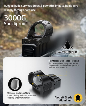 EZshoot Built-In Backup Sights, shockproof ipx7 waterproof reinforced one-piece housing in green dot