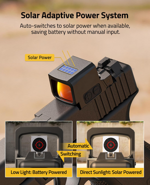EZshoot green dot sight, low light: battery powered direct sunlight: solar powered in red dot