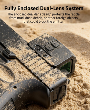 EZshoot Solar Enclosed Red Dot Sight, the enclosed dual-lens design protects the reticle