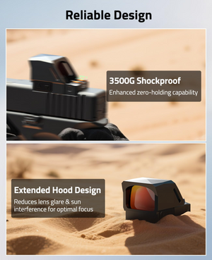 EZshoot red dot sight, extended hood design reduces lens glare &sun