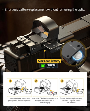 EZshoot Red Dot Sight, effortless battery replacement without removing the optic