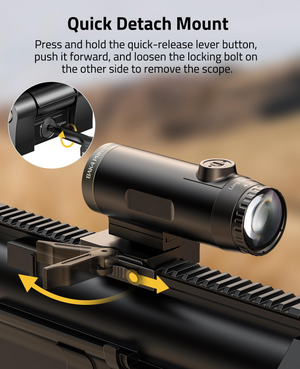 EZshoot rifle magnifier, press and hold the quick-release lever button