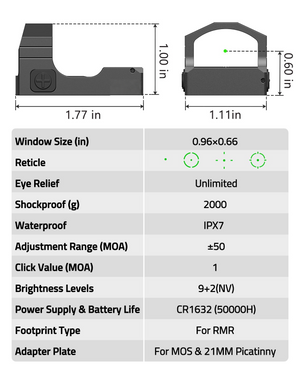 EZshoot Multi Reticle Sight, reticle eye relief unlimited in green dot