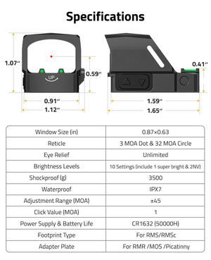 EZshoot Green Dot Sight, specifications window size (in) Red Dot