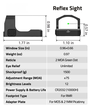 EZshoot Awake Green Dot, reflex sight 三 window size (in), 1.77 in x 1.10 in x 21mm