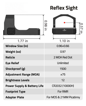 EZshoot Awake Red Dot, reflex sight window size (in), 0.98 in x 1.77 in x 1.10 in