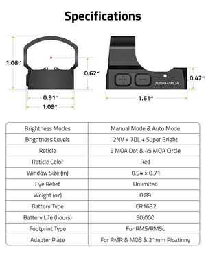 EZshoot Green Dot Sight, red window size (in), 21mm in red dot
