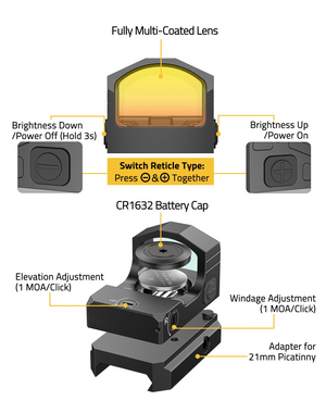 EZshoot Multi Reticle Sight, switch reticle type press &together in red dot