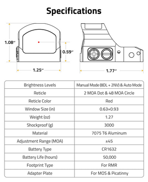 EZshoot Auto Brightness Red Dot Sight, red window size (in)