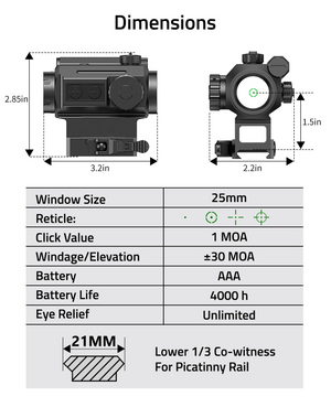 EZshoot Green Dot Sight, dimensions window size reticle, 2.85in x 1.5in x 3.2in
