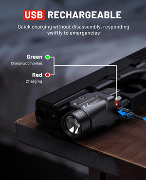 EZshoot Lumens Pistol Light, usb rechargeable quick charging without disassembly, responding