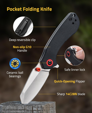 EZshoot locks the blade, pocket folding knife deep reversible clip in black