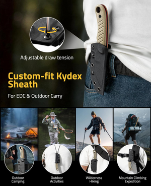 EZshoot fixed blade knife, adjustable draw tension custom-fit kydex sheath in brown