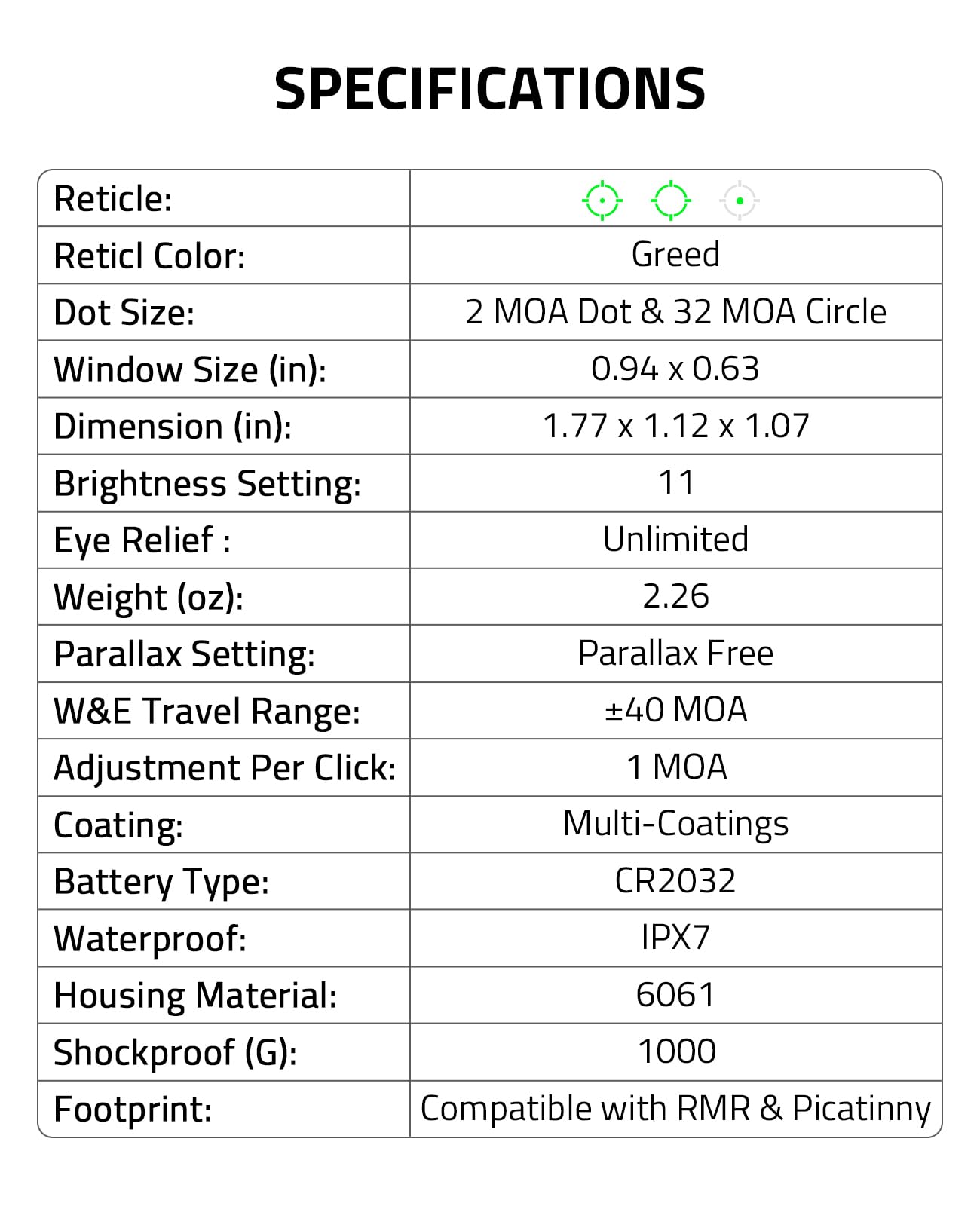 Specifications of EZshoot Best Red Dot Sight for Pistols with RMR Footprint and Picatinny Rail