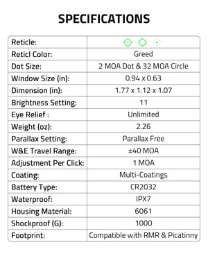 Specifications of EZshoot Best Red Dot Sight for Pistols with RMR Footprint and Picatinny Rail