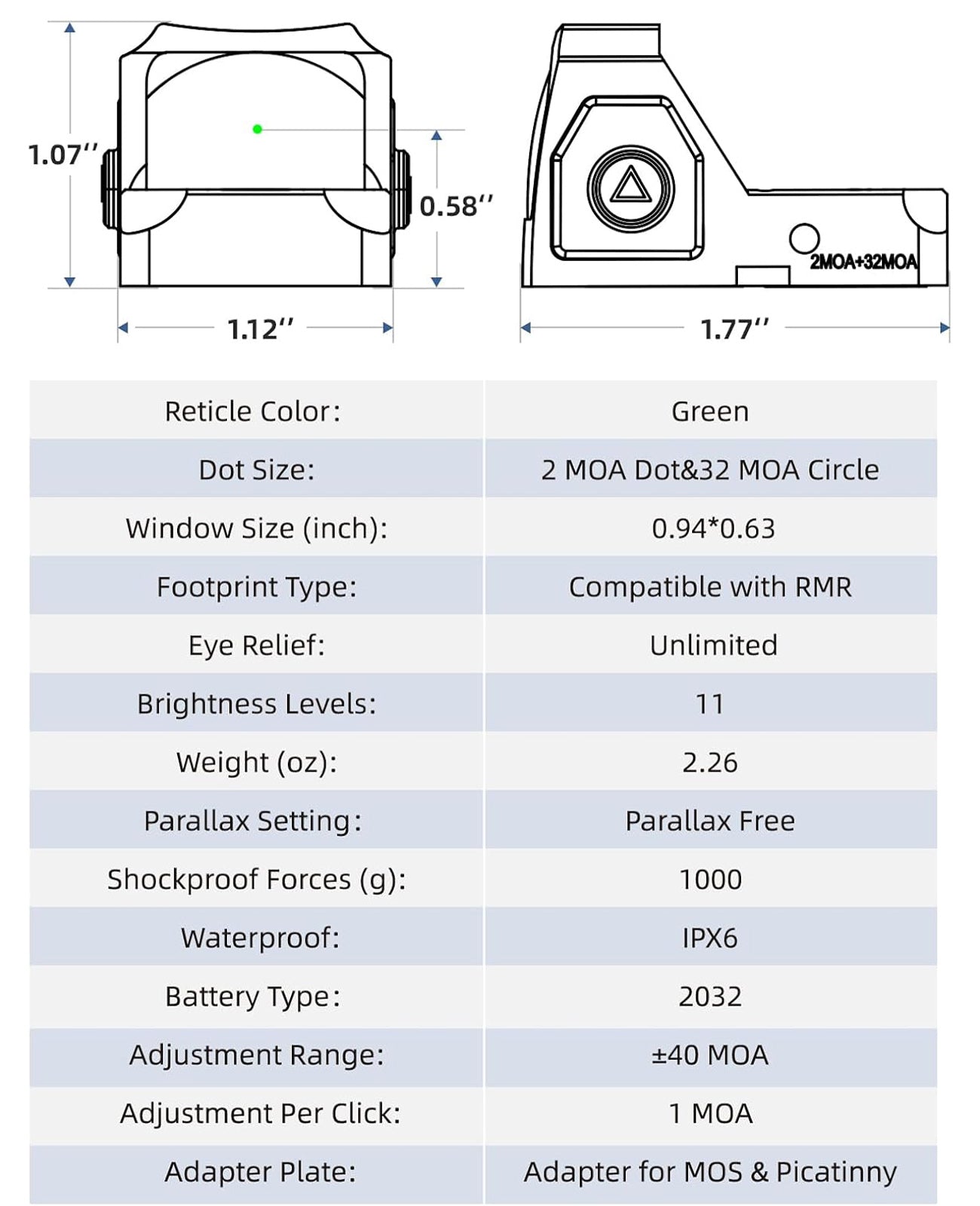 Specifications of EZshoot Best Green Dot Sight with Multiple Reticles and Adjustable Brightness