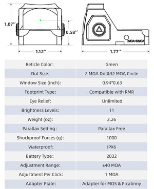 Specifications of EZshoot Best Green Dot Sight with Multiple Reticles and Adjustable Brightness