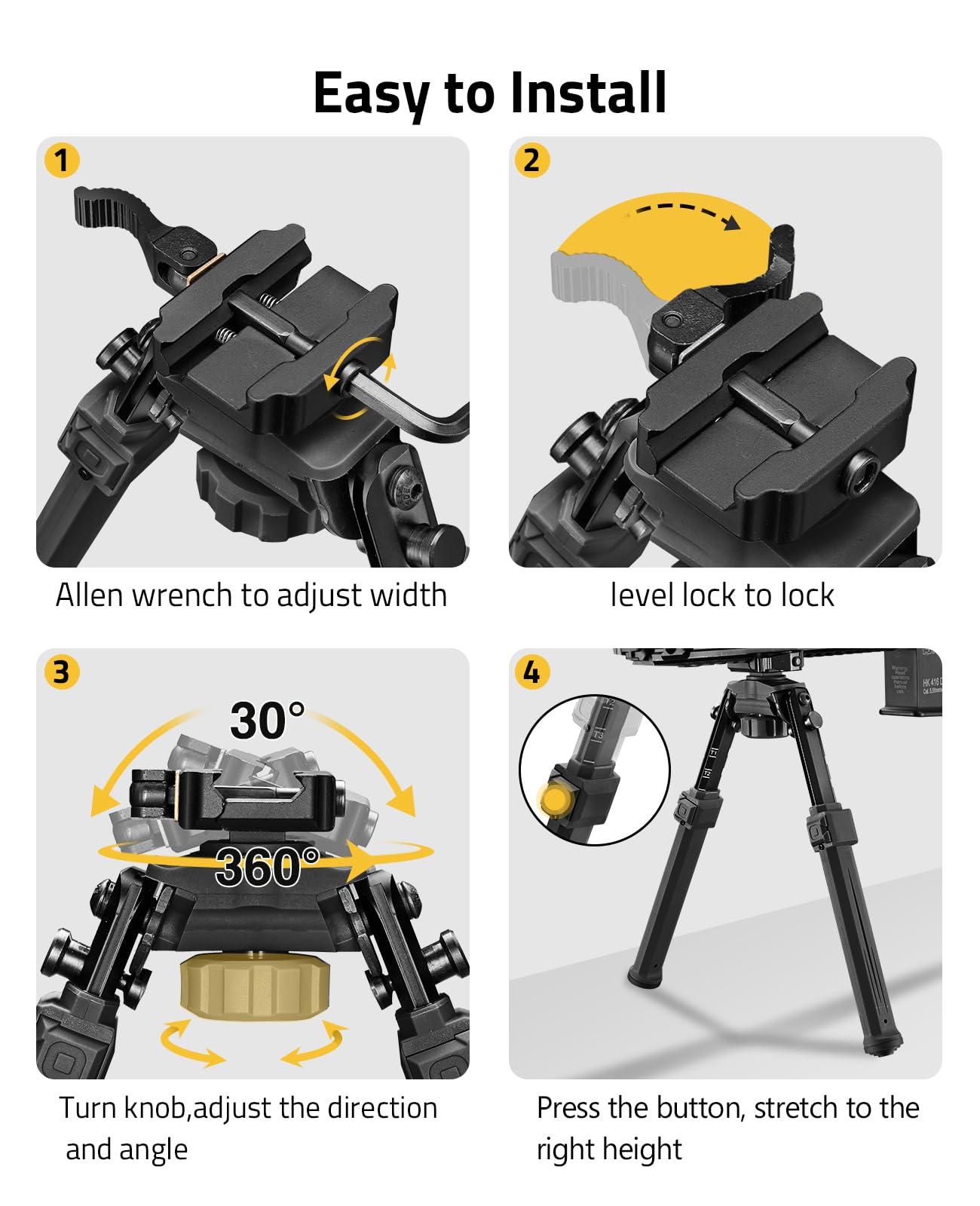 EZshoot Quick Release Picatinny Bipod for Rifles 360 Degrees Swivel and Tiltable Head