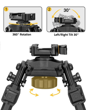 EZshoot Picatinny Bipod with 360 Degrees Rotation Swivel and 30 Degrees Left/Right Tiltable head