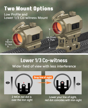 EZshoot 2MOA Red Dot Sight with Two Mount Options - Low Profile and Lower 1/3 Co-witness Mount