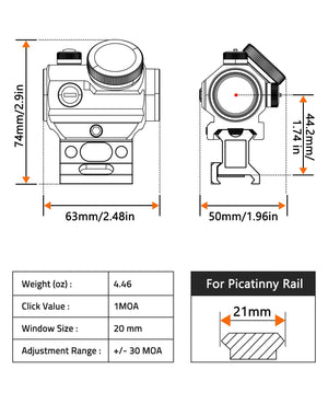 Product Size of EZshoot 2MOA Red Dot Sight with Mounts for Picatinny Rail