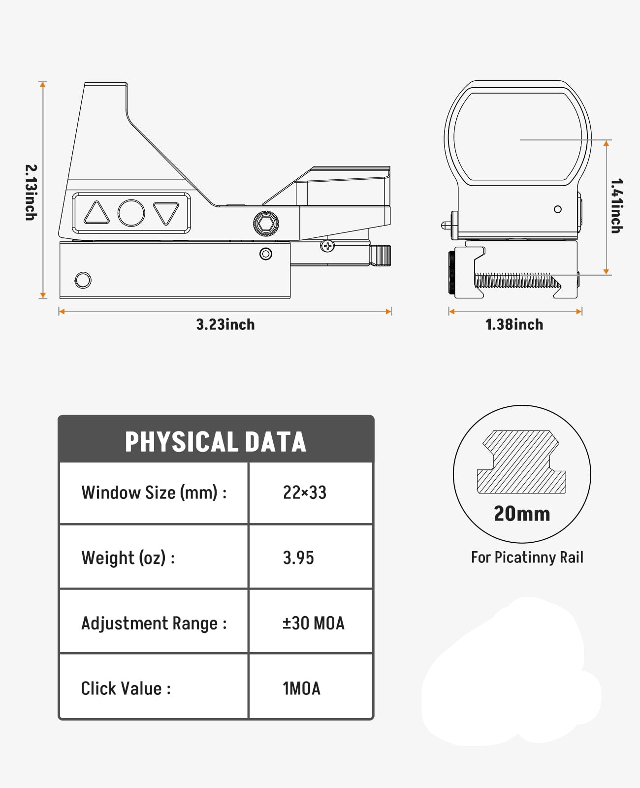 Product Size and Physical Data of EZshoot Best Red Dot Sight for AR-15 Shooting