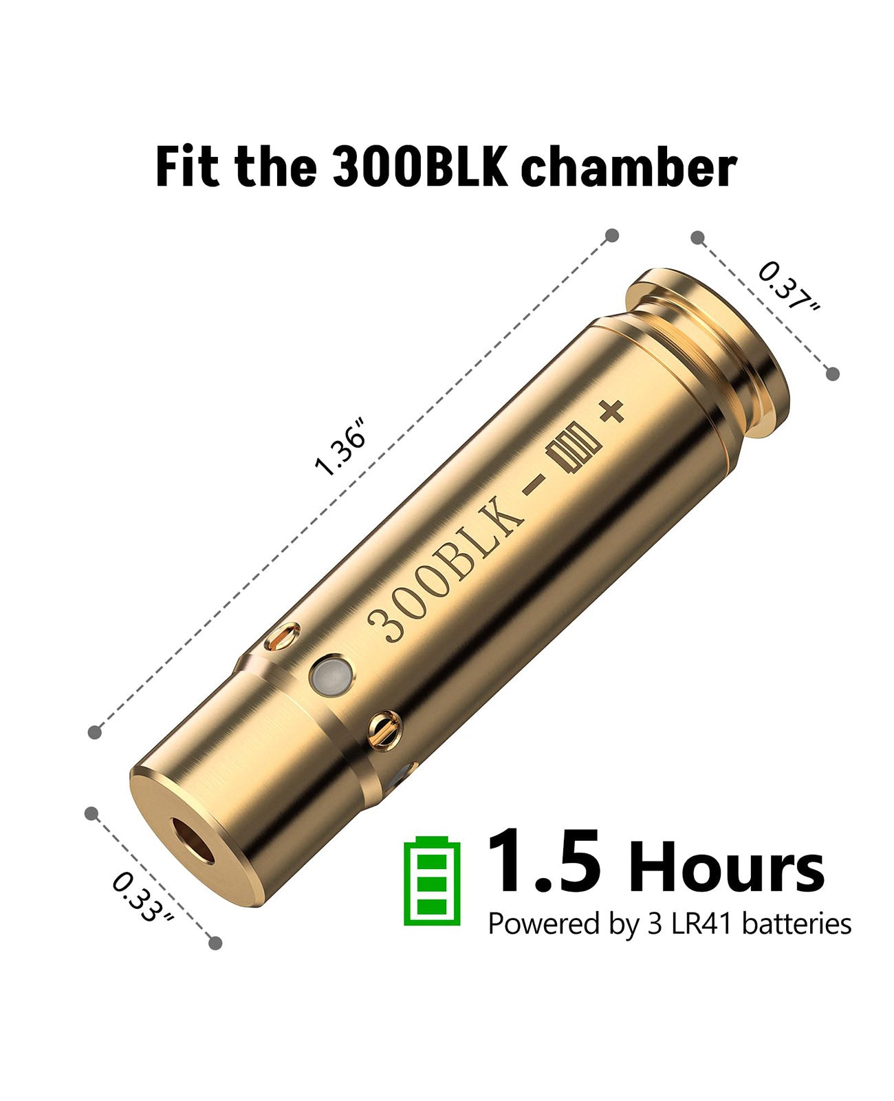 product size of ezshoot red laser bore sight for 300BLK chamber best bore sight powered by 3 LR41 batteries