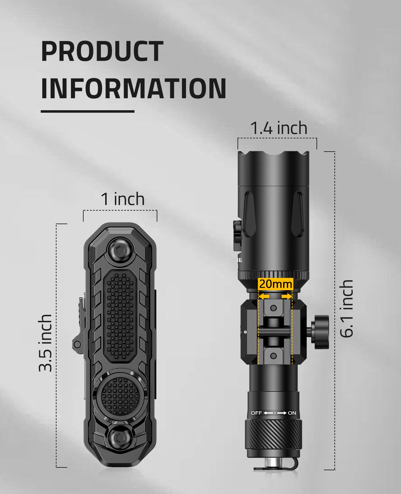Tactical Flashlight with 20mm Rail Mount Size Details
