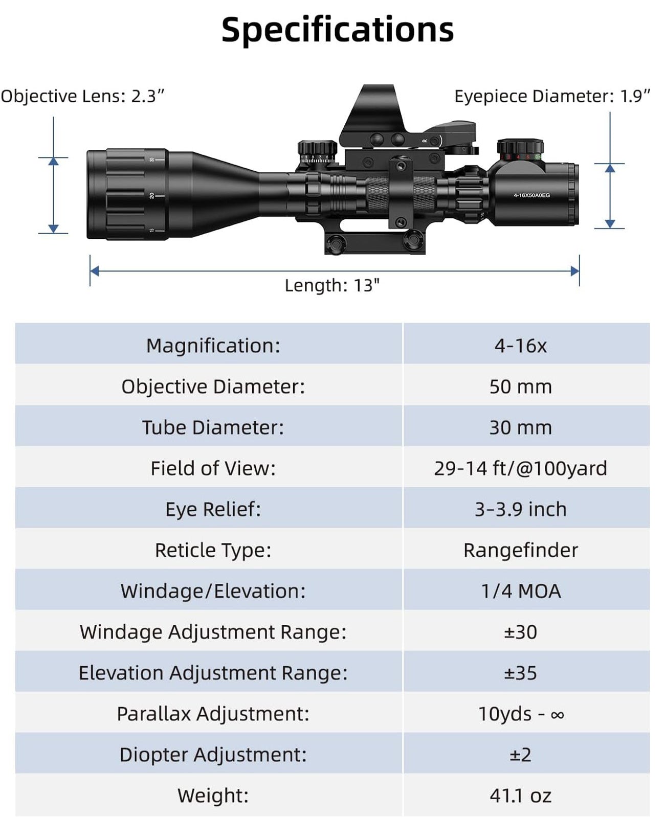 Specifications of EZshoot 4-16x50 Rifle Scope Combo with Red Dot Sight, Flashlight and Laser Sight