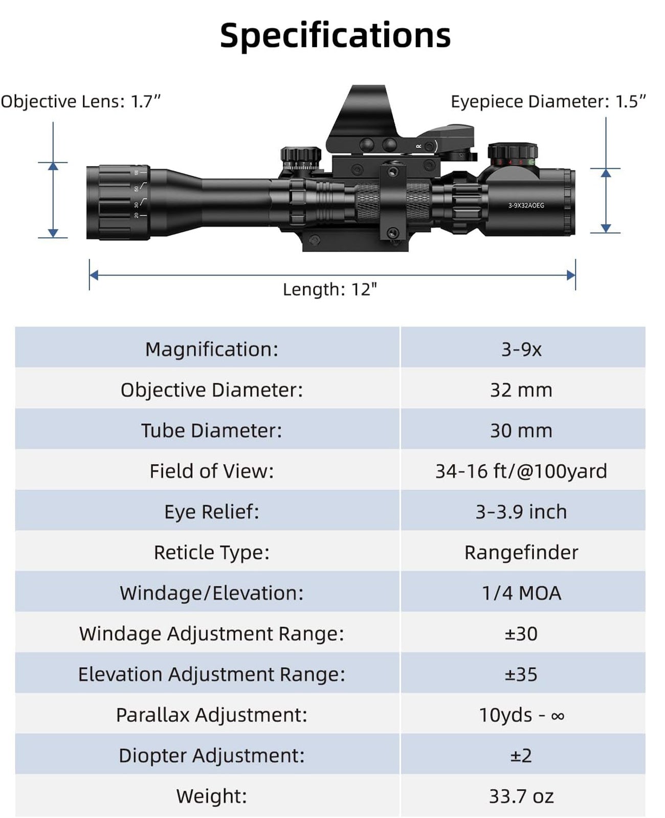 Specifications of 3-9x32 Scope Combo for AR-15 Rifles Hunting