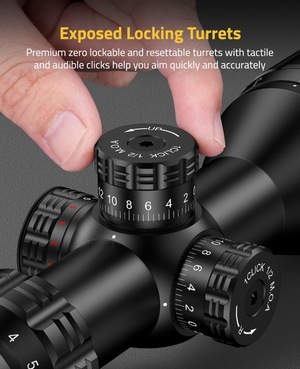 EZshoot 3-12x44 AO scope, exposed locking turrets premiumzerolockableandresettableturretswithtactile