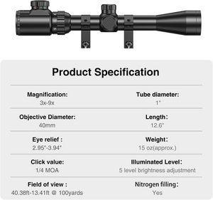 EZshoot Rifle Scope, objective diameter length eye relief, 40mm