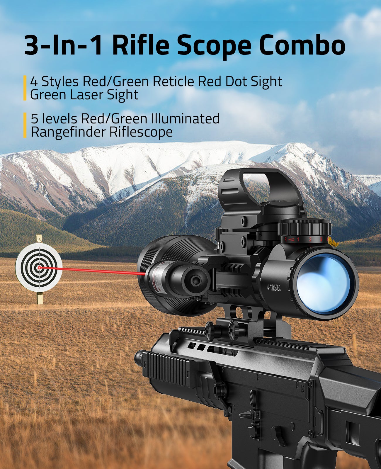 3 in1 Rifle Scope Combo with Red Dot Sight, Green Laser Sight and Red/Green Illuminated Scope