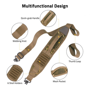 EZshoot Rifle Sling, thumb loop mesh pocket in khaki
