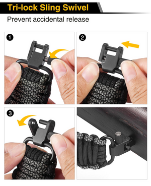 Tri-locksling swivel prevent accidental release – EZshoot 550 Paracord 2 Point Rifle Sling (camo grey)