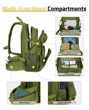 frontpocket waistpockets elasticside pocket – EZshoot Hiking Water Backpack (green)