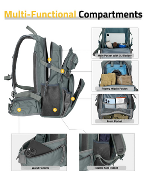 frontpocket waistpockets elasticside pocket – EZshoot Hiking Water Backpack (grey)