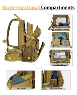 frontpocket waistpockets elasticside pocket – EZshoot Hiking Water Backpack (khaki)