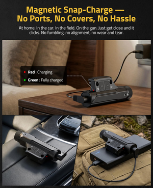 magnetic snap-charge 一 no ports, no covers, no hassle – EZshoot 2600lm Laser Light (light with green beam)