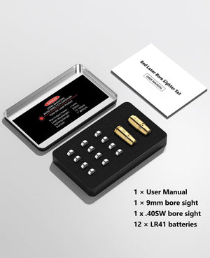 items included in ezshoot red laser bore sight kit for 9mm .40 bore sighting tool with batteries